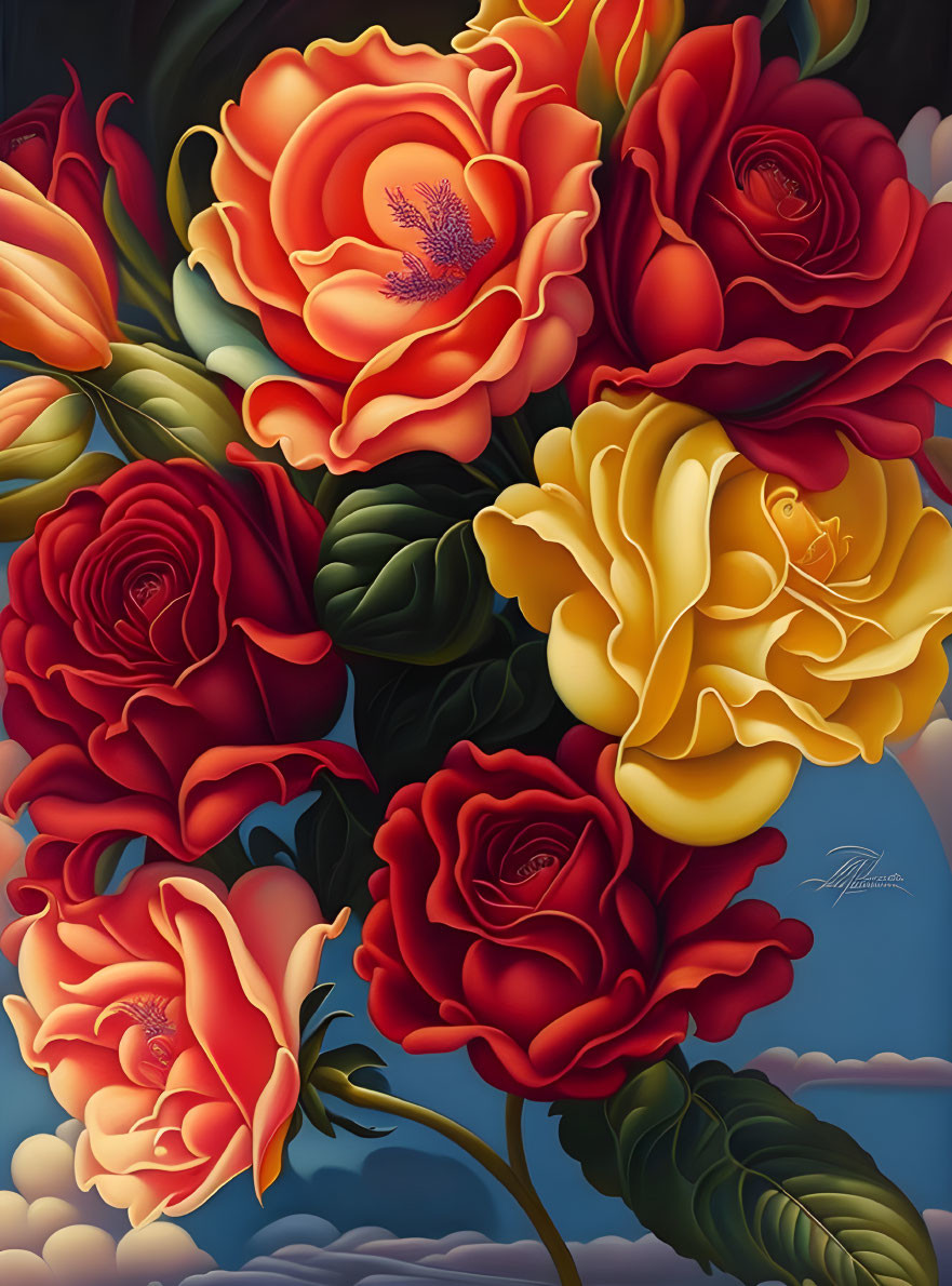 Colorful Bouquet of Red, Orange, and Yellow Roses on Dark Background