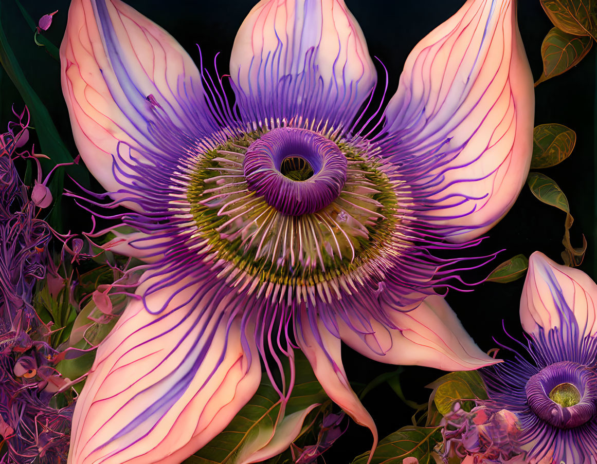 Detailed view of vibrant passiflora with intricate purple patterns and circular stamen.