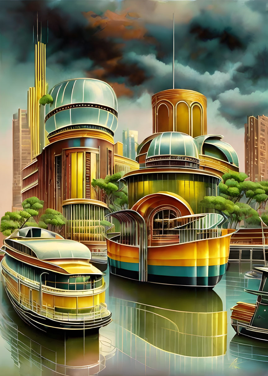 Futuristic cityscape with art deco buildings and moored boats