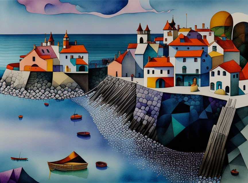 Vibrant coastal village artwork with whimsical architecture