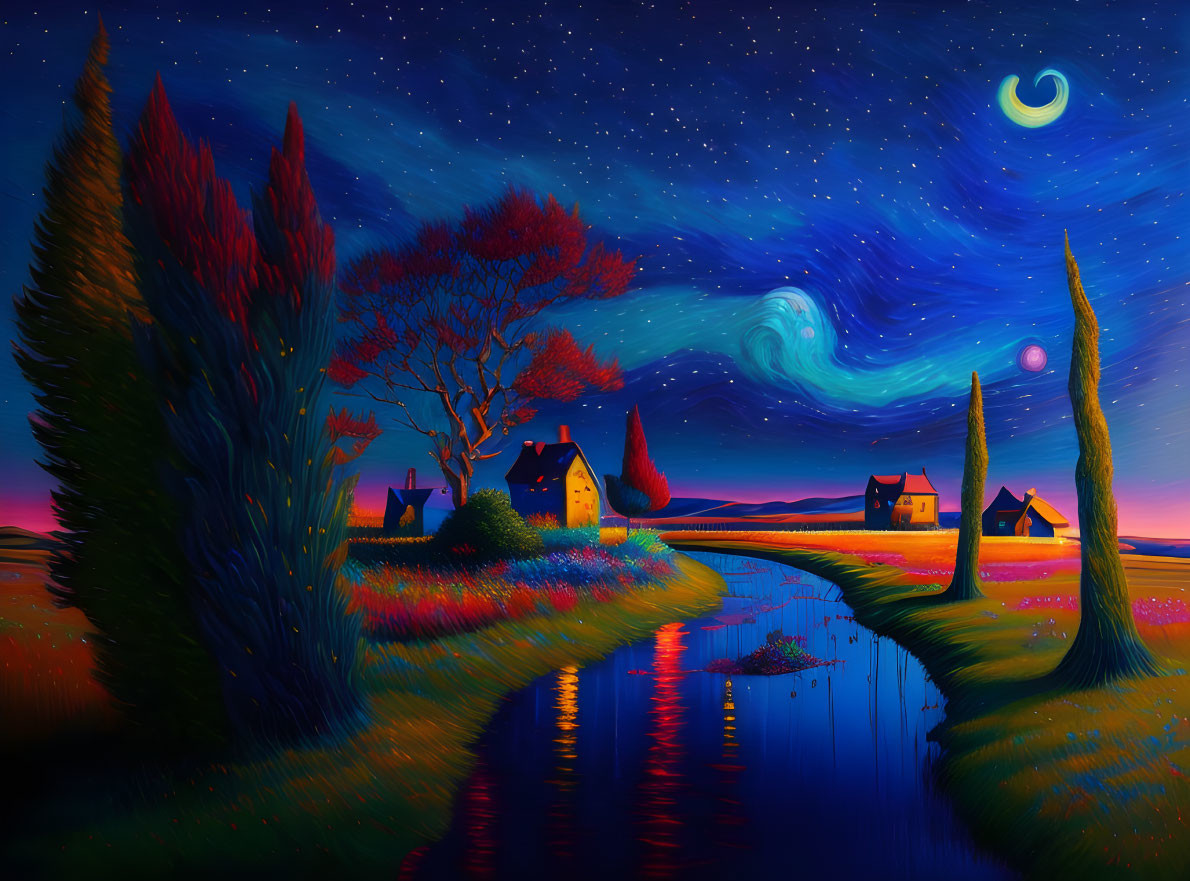 Colorful surreal night landscape with crescent moon, starry sky, trees, houses, and river