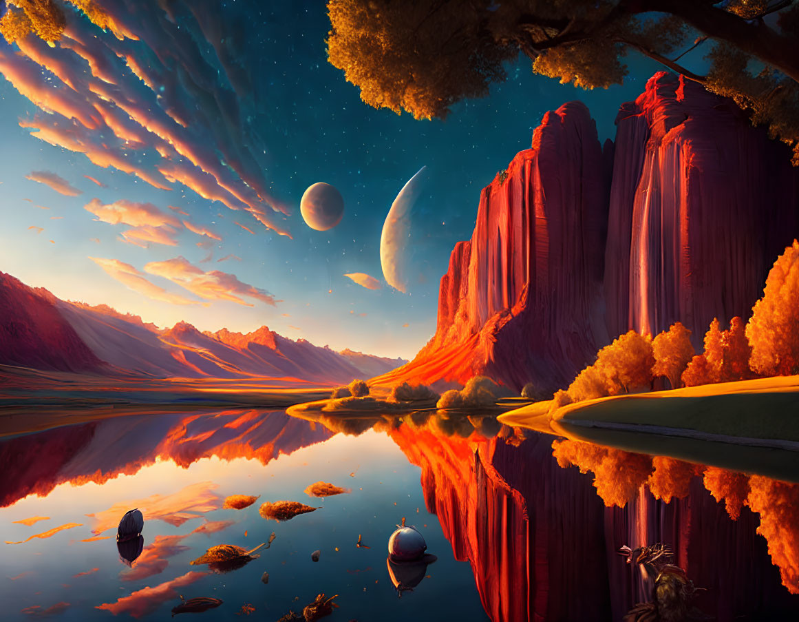 Vibrant surreal landscape with red cliffs, river, starlit sky, and celestial bodies