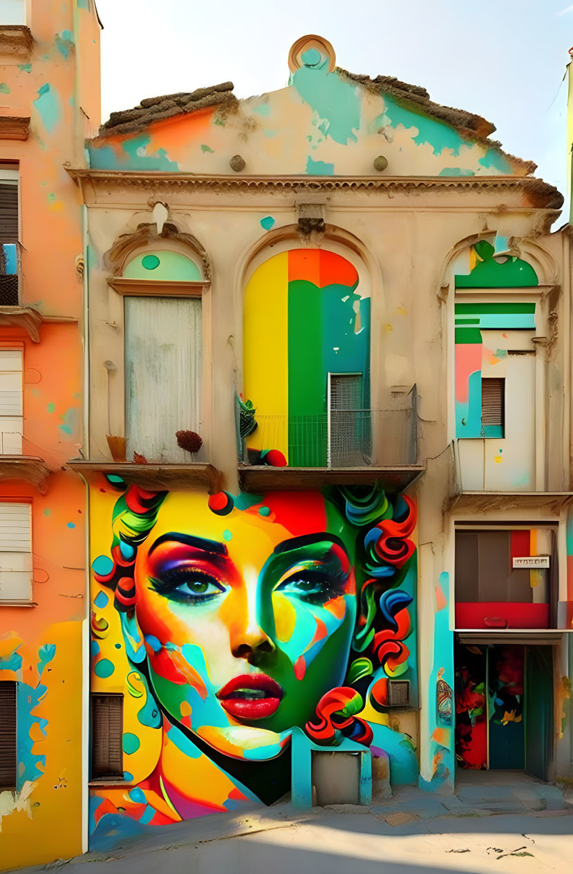 Colorful mural of a woman's face with bold makeup on traditional building