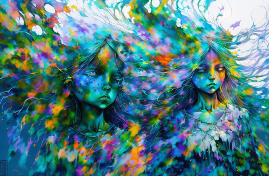 Colorful painting of two figures merging in vibrant colors