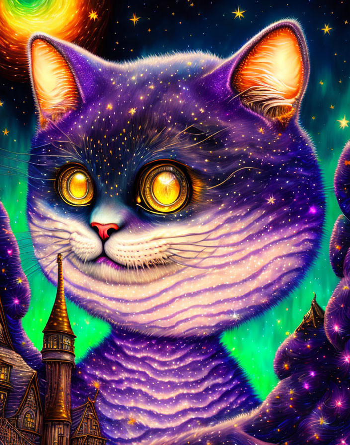 Colorful Cosmic Cat Illustration in Whimsical Night Sky