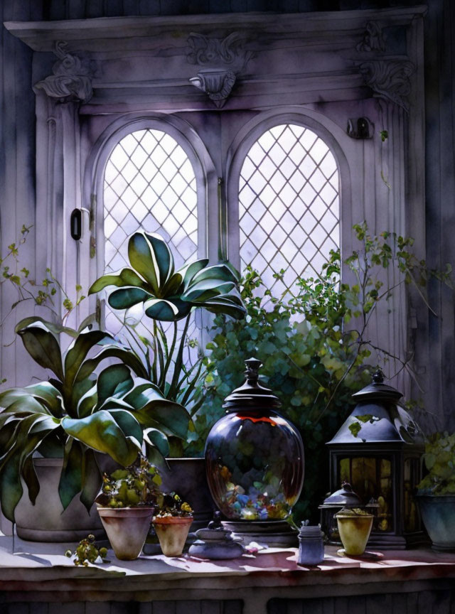 Cozy windowsill with lush plants, terrarium, lantern, leaded glass windows, wooden panel