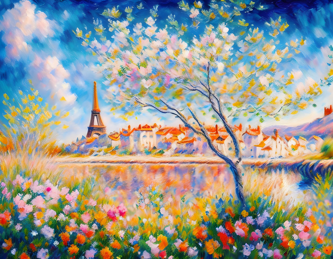 Eiffel Tower painting with blooming tree and river scene