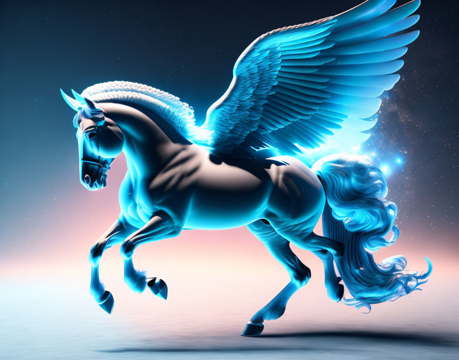 Majestic winged horse with shimmering blue mane in mystical space ambiance