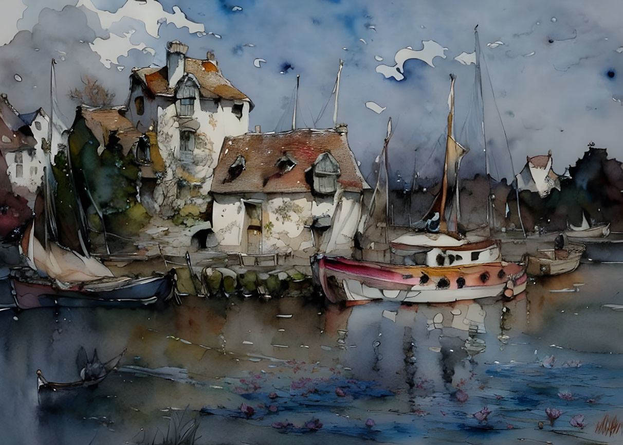 Scenic watercolor painting: village by water, boats, cloudy sky