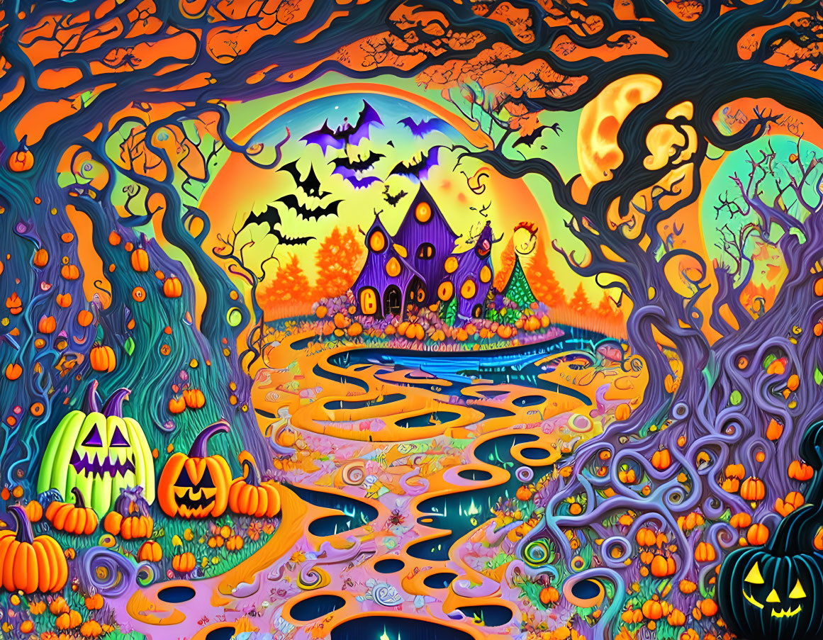 Colorful Halloween illustration with haunted house, bats, pumpkins, and twilight sky