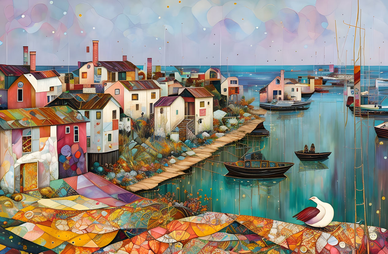 Vibrant waterfront village with boats, pier, and swan