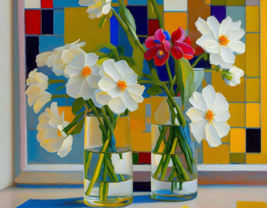 Colorful painting of white and red flowers in clear glasses on geometric background