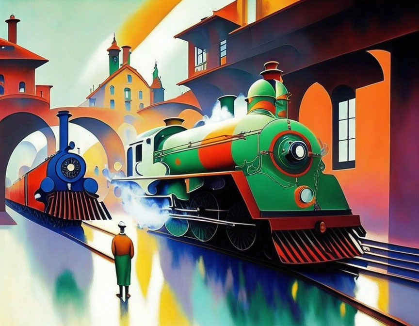 Colorful artwork: Person on tracks, vintage locomotive, stylized buildings