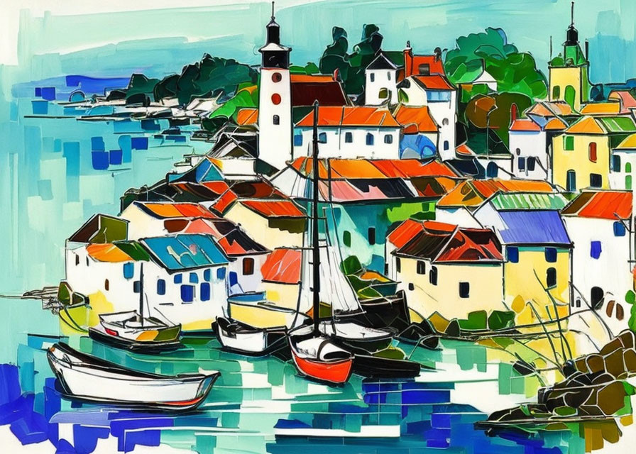 Vibrant coastal town painting with boats and spires reflected in water