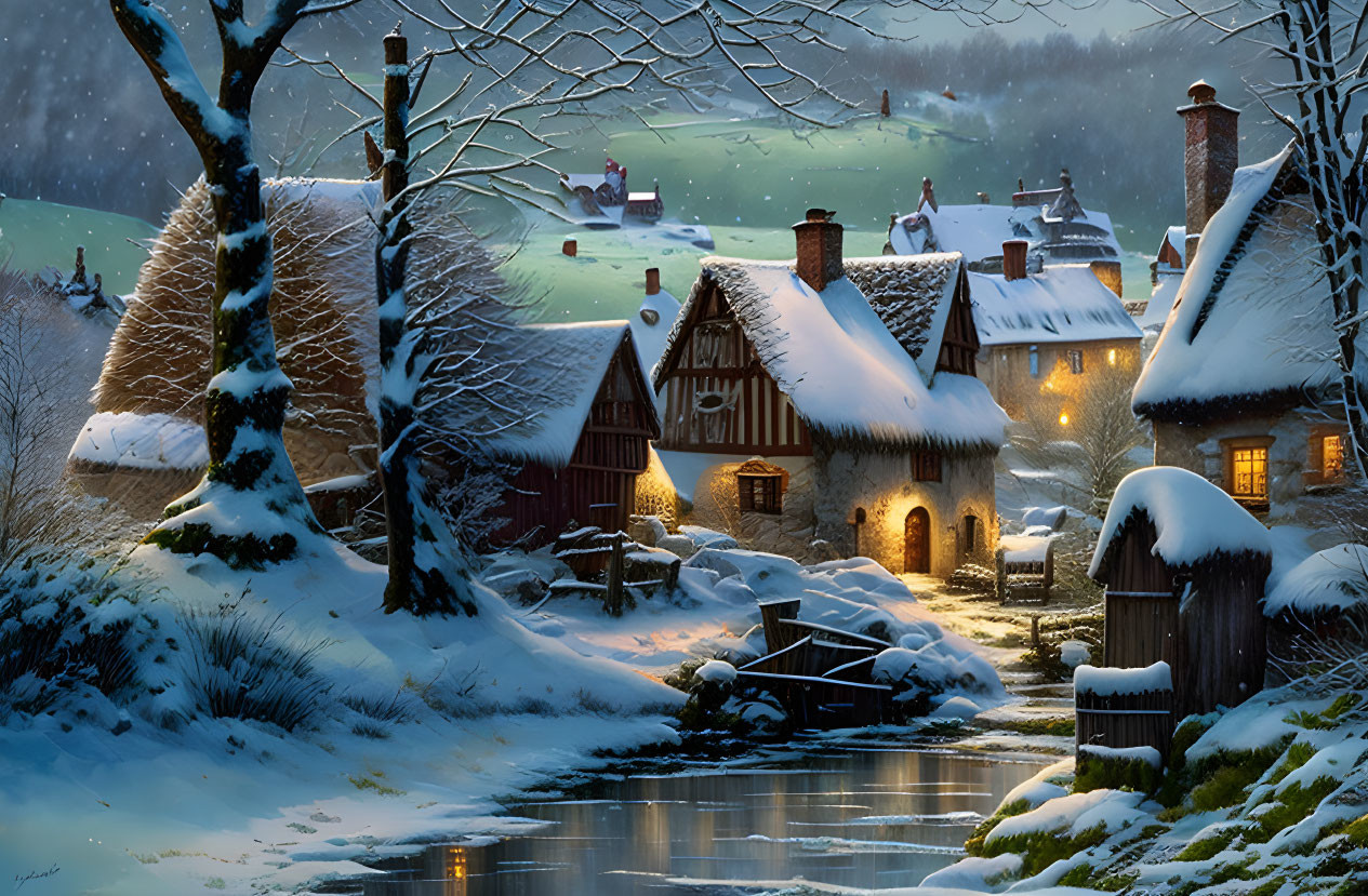 Snowy village with thatched-roof cottages and gentle river at dusk