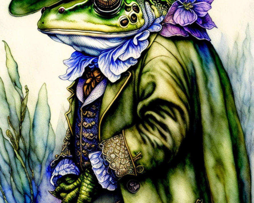 Elegant Victorian outfit on anthropomorphic frog with steampunk goggles