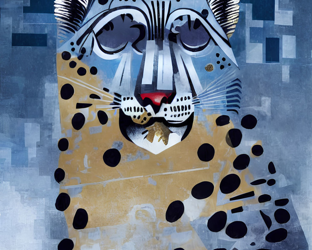 Abstract Leopard Face Painting with Geometric & Organic Elements on Blue Background