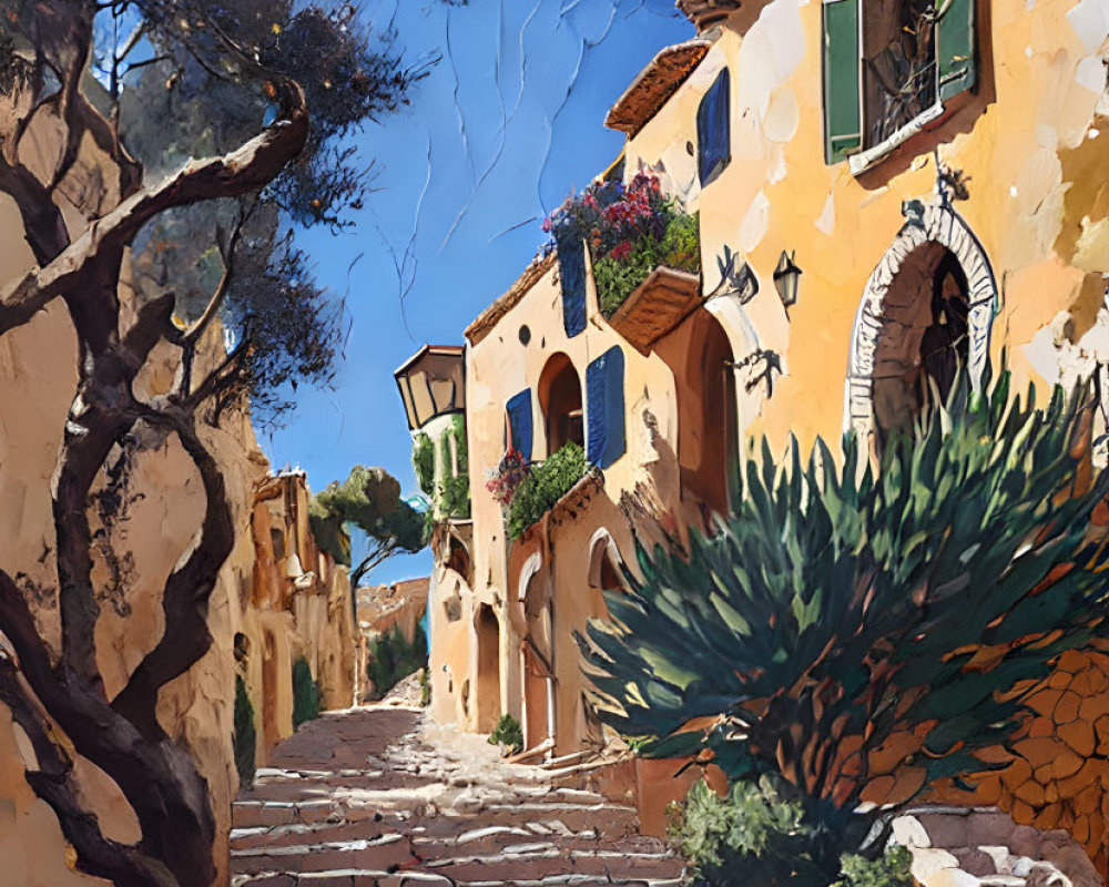 Sunlit cobblestone street with flower-adorned balconies under clear blue sky