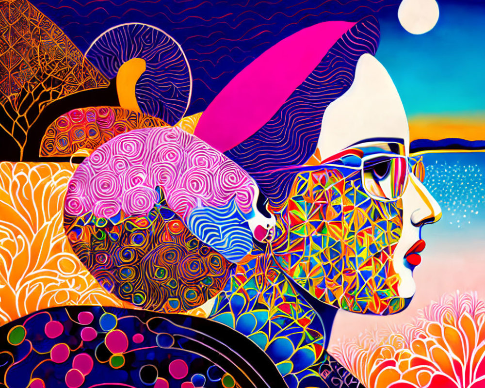 Colorful Woman's Profile Illustration Against Moonlit Landscape