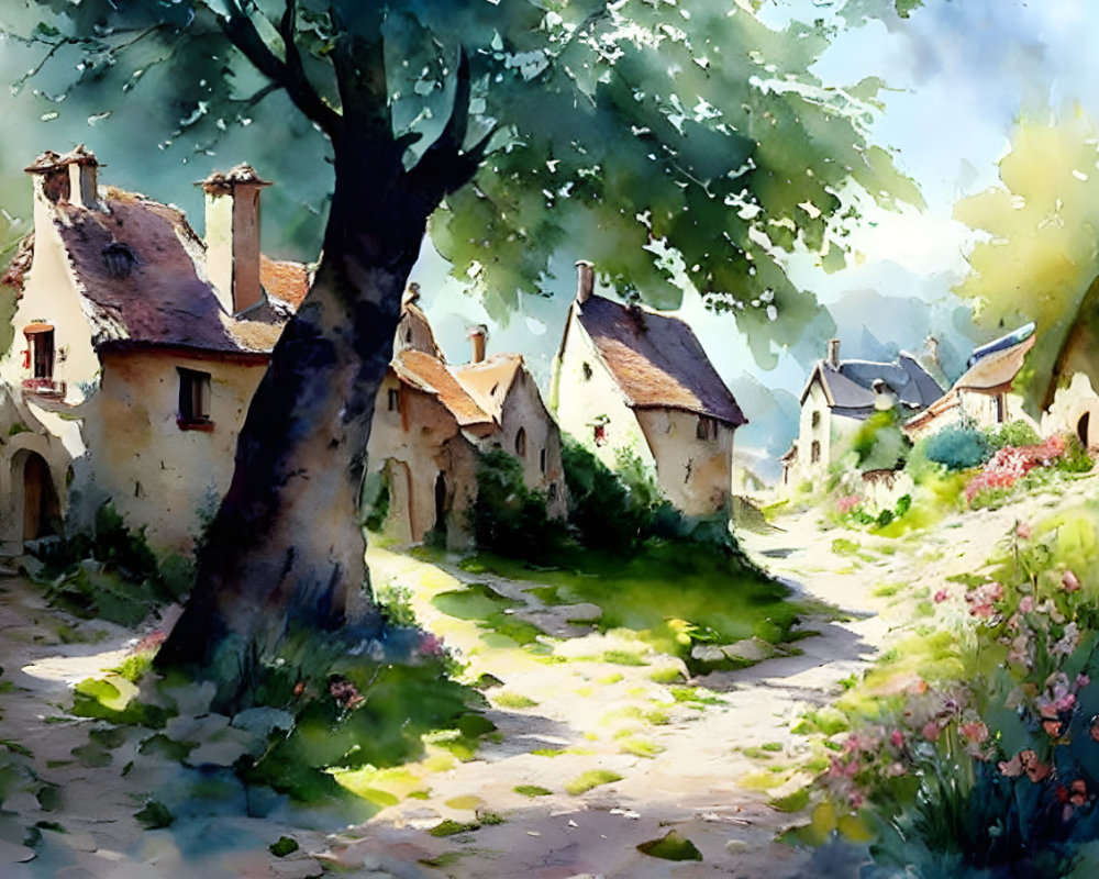 Charming village scene with thatched cottages, blossoming tree, and cobblestone path