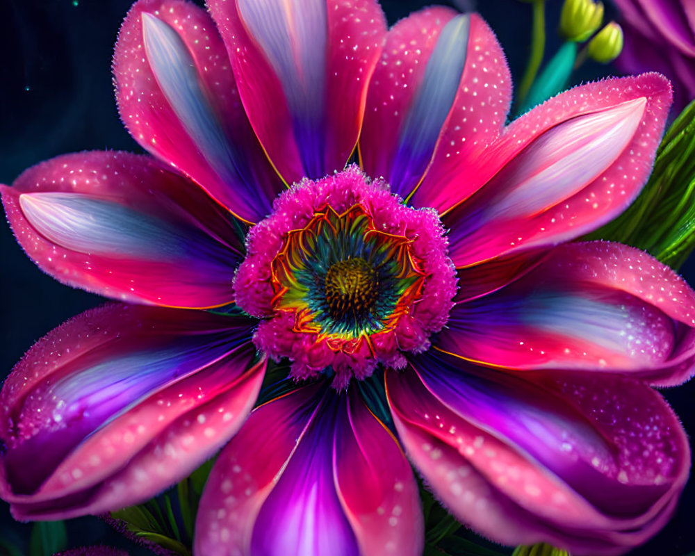 Colorful dew-covered flower illustration on dark background