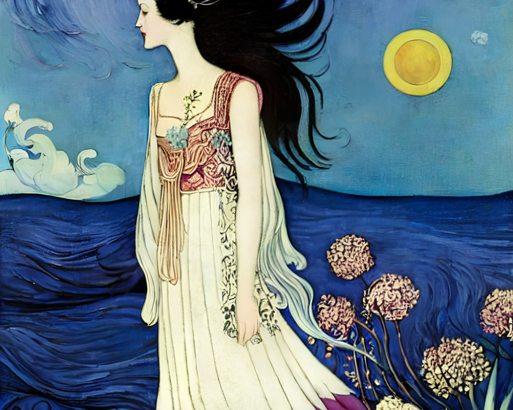 Illustration of woman in flowing dress by surreal sea with two moons