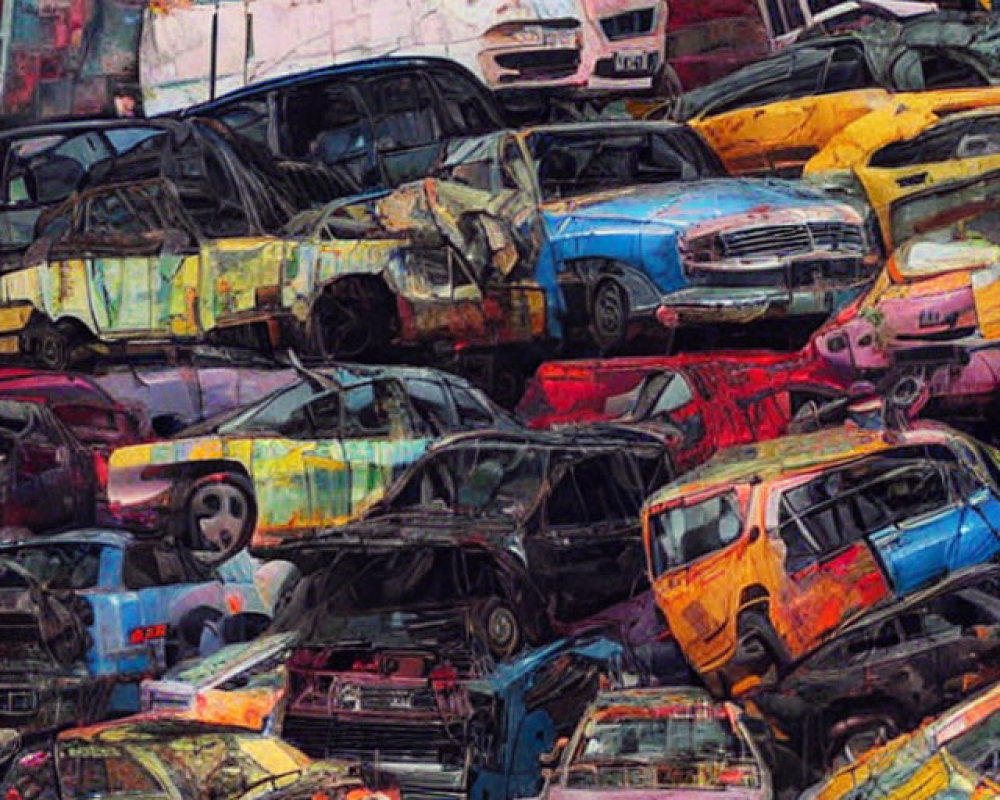 Colorful Crushed Car Collage in Chaotic Junkyard