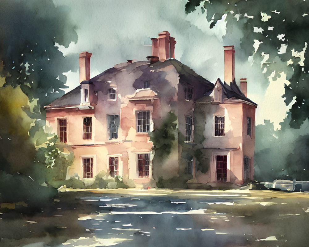 Watercolor painting: Classic two-story house with chimneys, trees, warm and cool tones