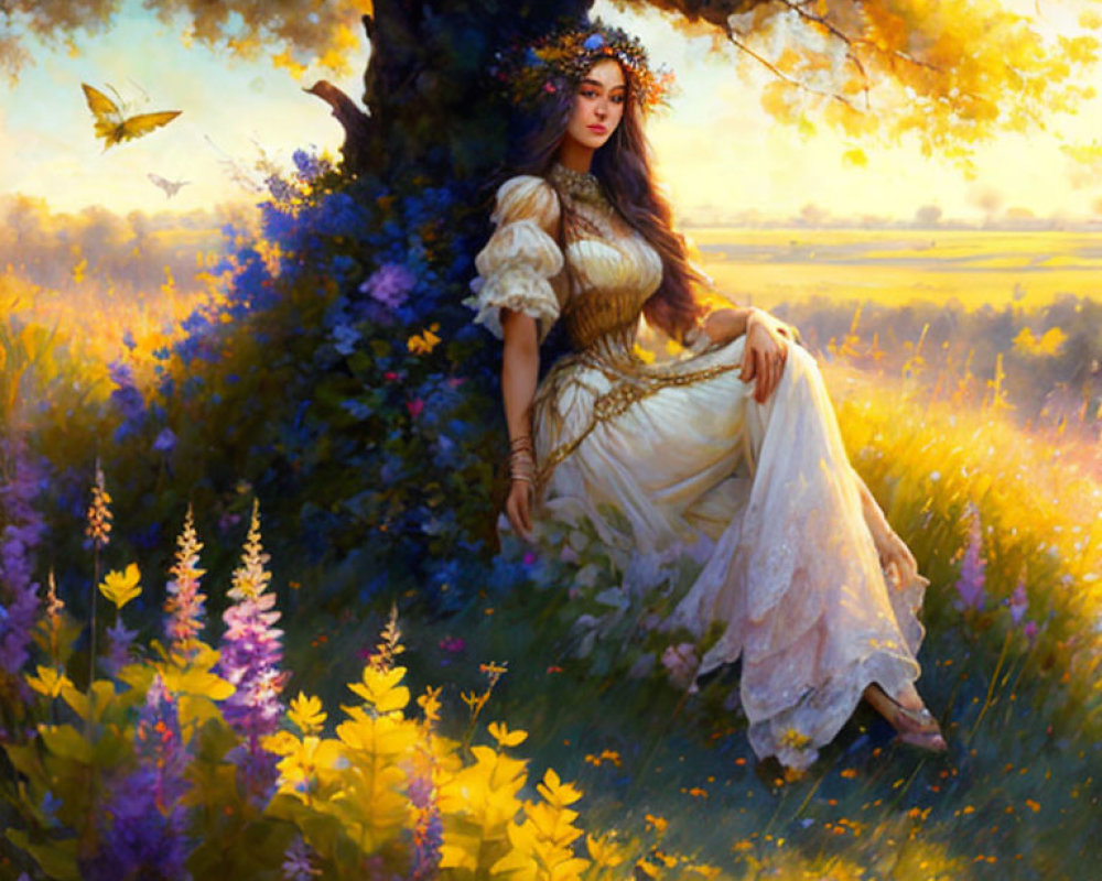 Woman in vintage dress under tree in vibrant meadow at sunset with butterfly