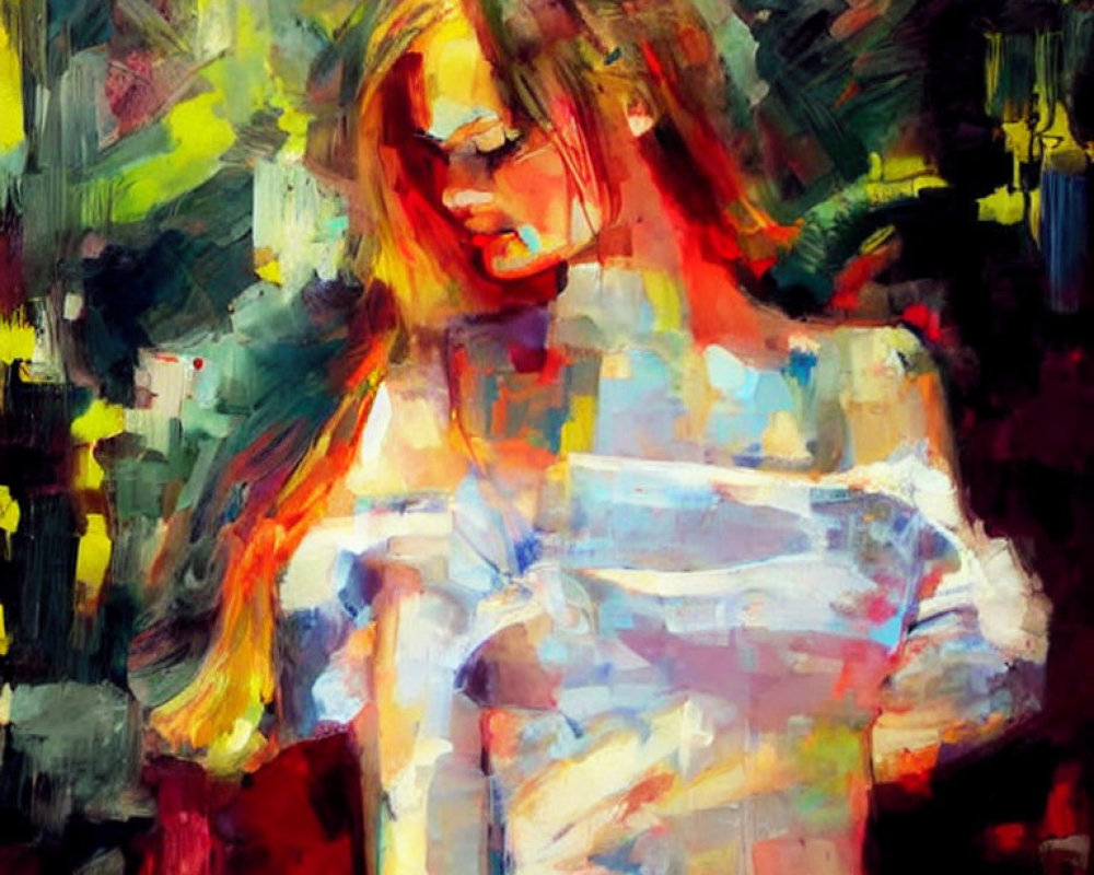 Vibrant abstract painting of a woman with flowing hair on dark background