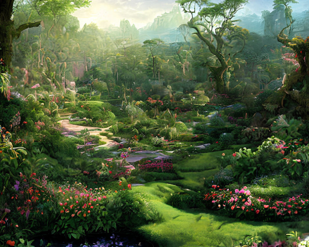 Vibrant fantasy garden with blooming flowers and pond