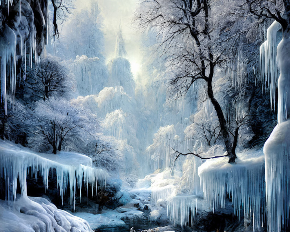 Snow-covered forest with stream, icicles, and soft sun glow