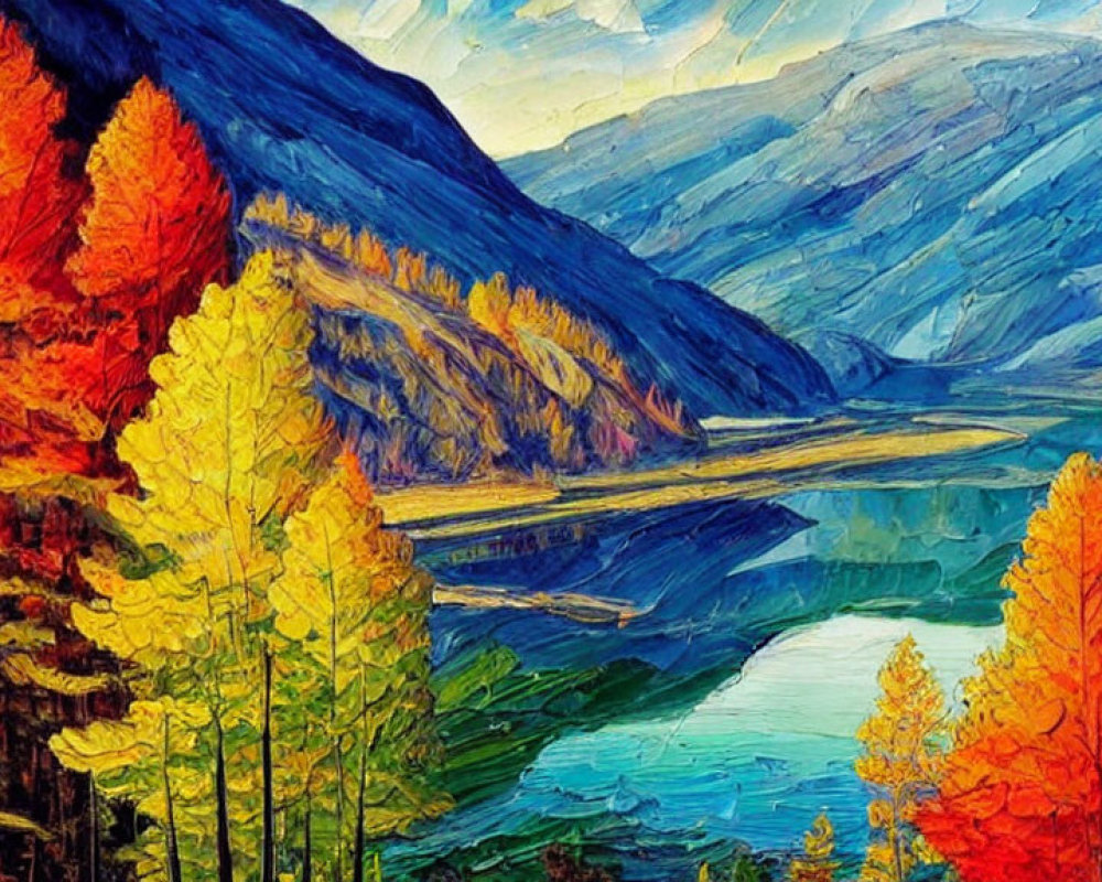 Scenic autumn landscape: vibrant trees, golden-orange leaves, blue lake, and distant mountains