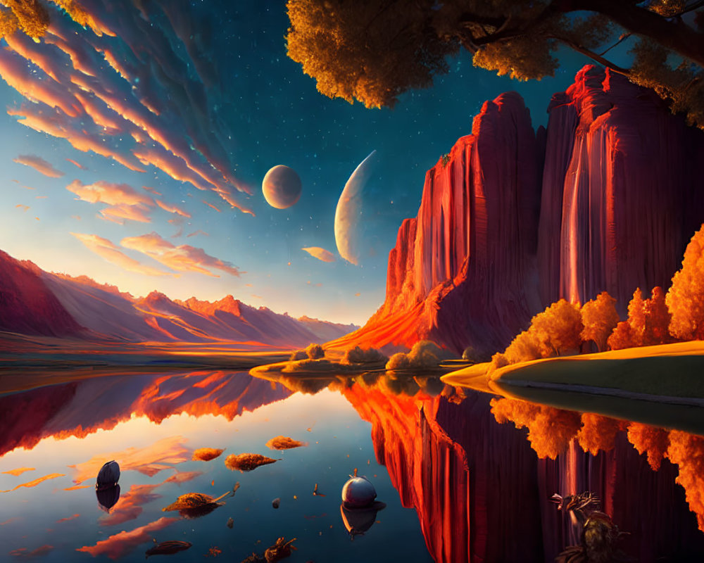 Vibrant surreal landscape with red cliffs, river, starlit sky, and celestial bodies