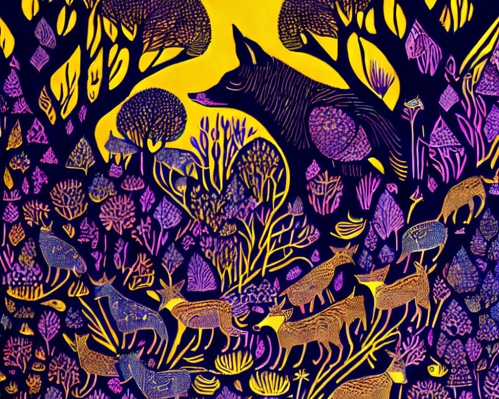 Colorful forest wildlife illustration with wolf, birds, and deer in vibrant hues