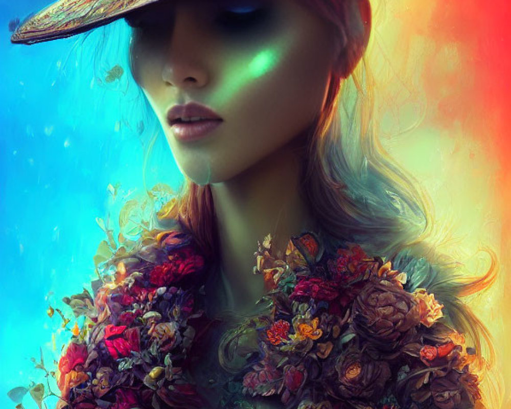 Woman in Floral Hat and Garment Glowing in Multicolored Light