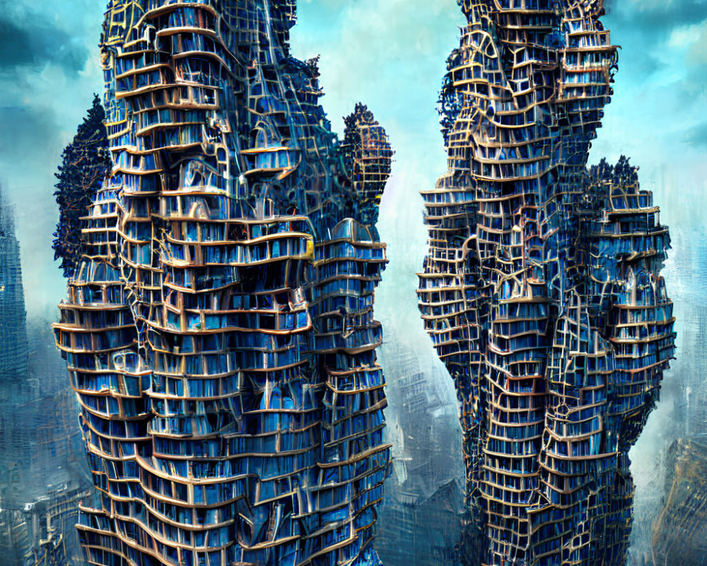 Intricate futuristic skyscrapers in urban landscape under blue sky