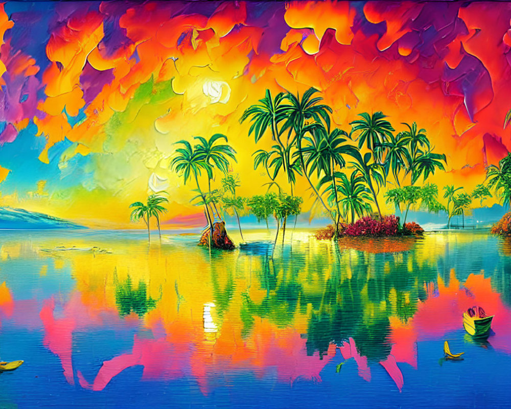 Tropical landscape painting with palm trees, fiery sky, and boats