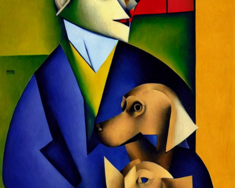 Colorful Cubist Painting: Cloaked Figure with Hat and Two Dogs