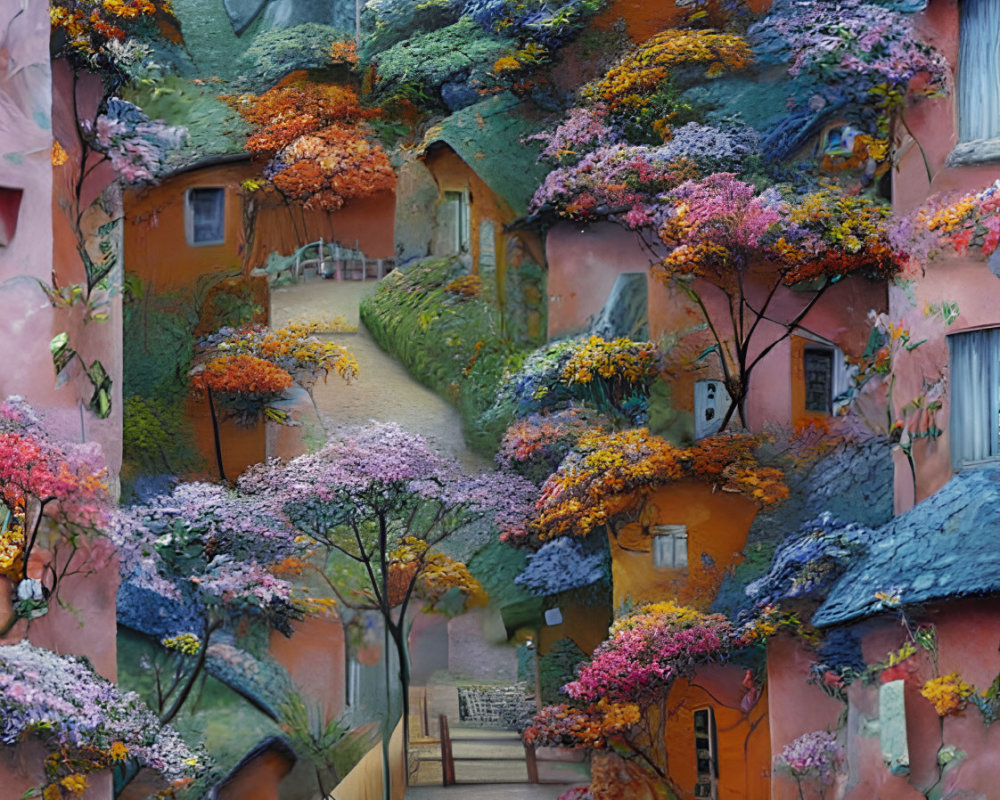 Vibrant flowering trees and quaint houses on whimsical village path