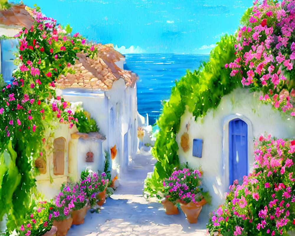 Colorful seaside village with white-washed buildings and pink bougainvillea.