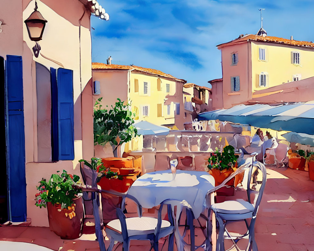 Colorful outdoor cafe setting with tables, chairs, and vibrant buildings under clear blue sky