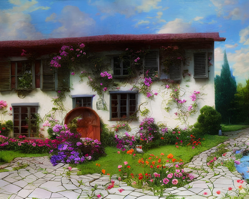 White cottage with pink flowers in vibrant garden