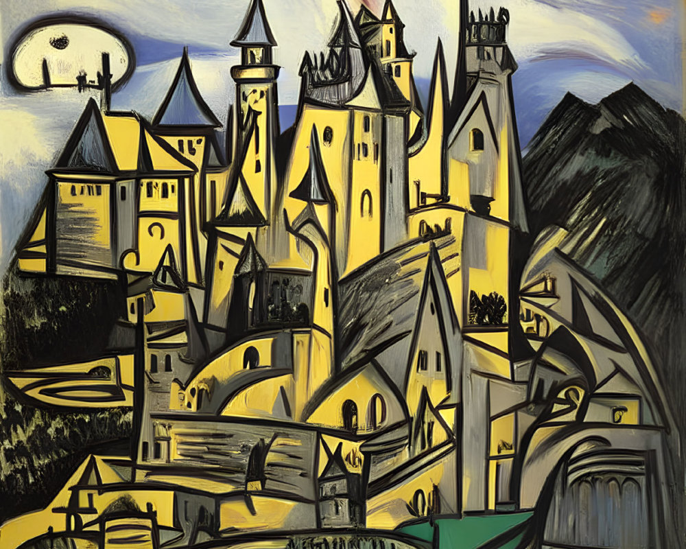 Vibrant sunset painting of stylized medieval town