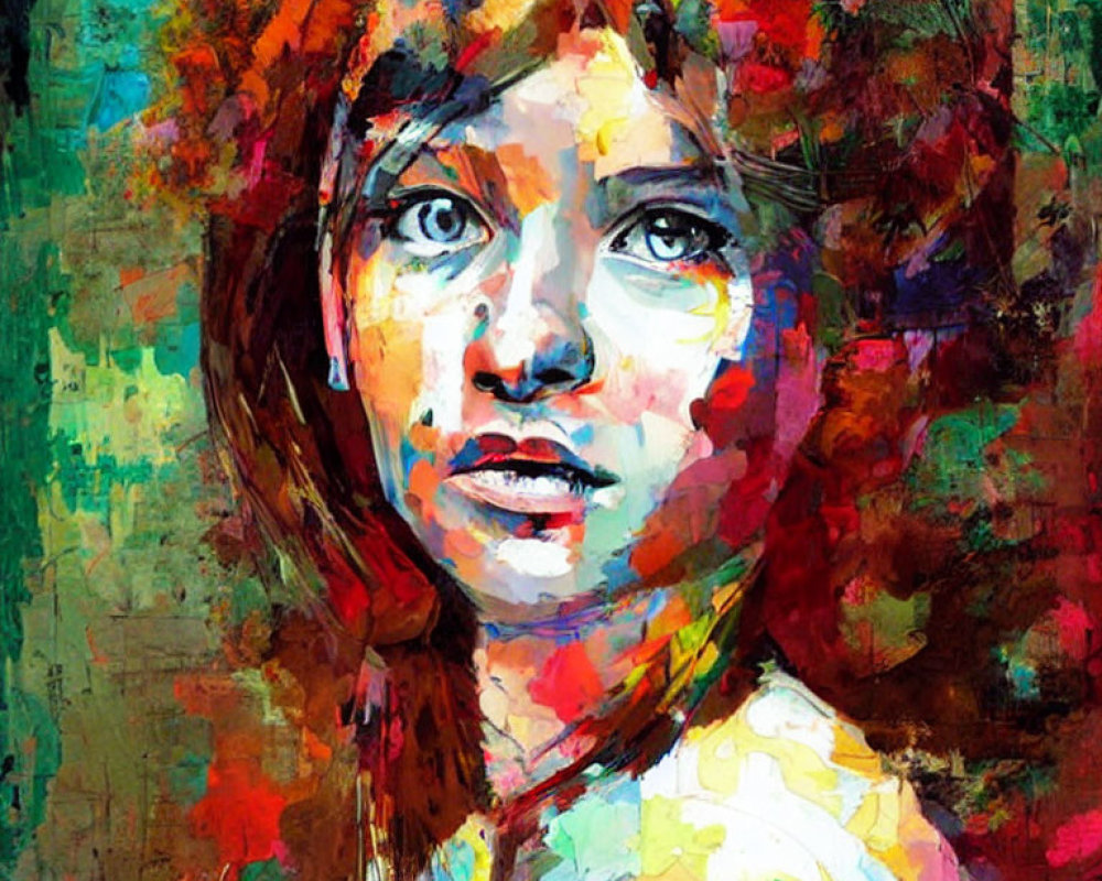 Vibrant abstract portrait of a woman with floral patterns and paint splashes
