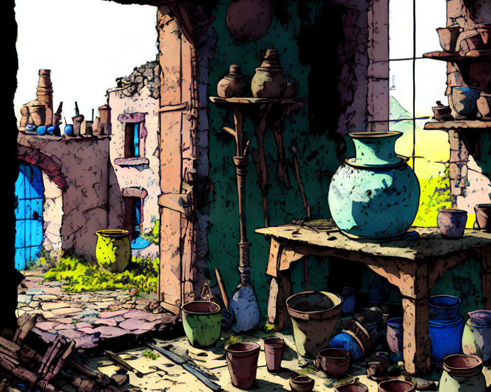 Vibrant pottery workshop illustration with rustic ceramics and backdrop.