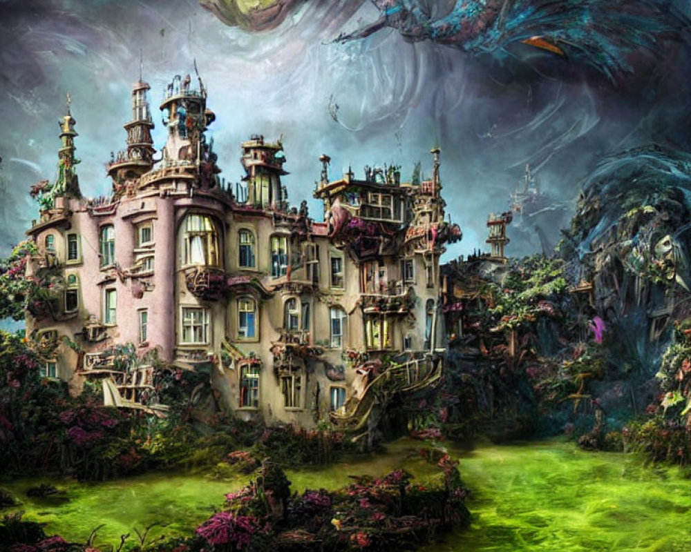 Surreal artwork: Intricate castle in vibrant landscape under stormy sky