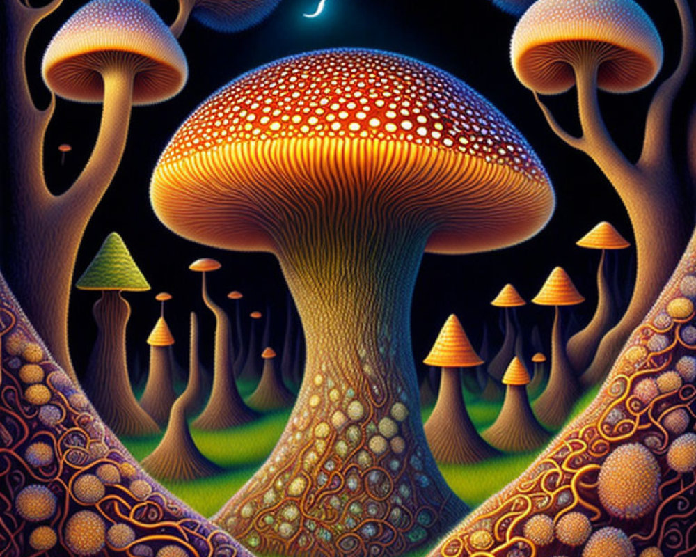 Surreal Landscape with Oversized Colorful Mushrooms