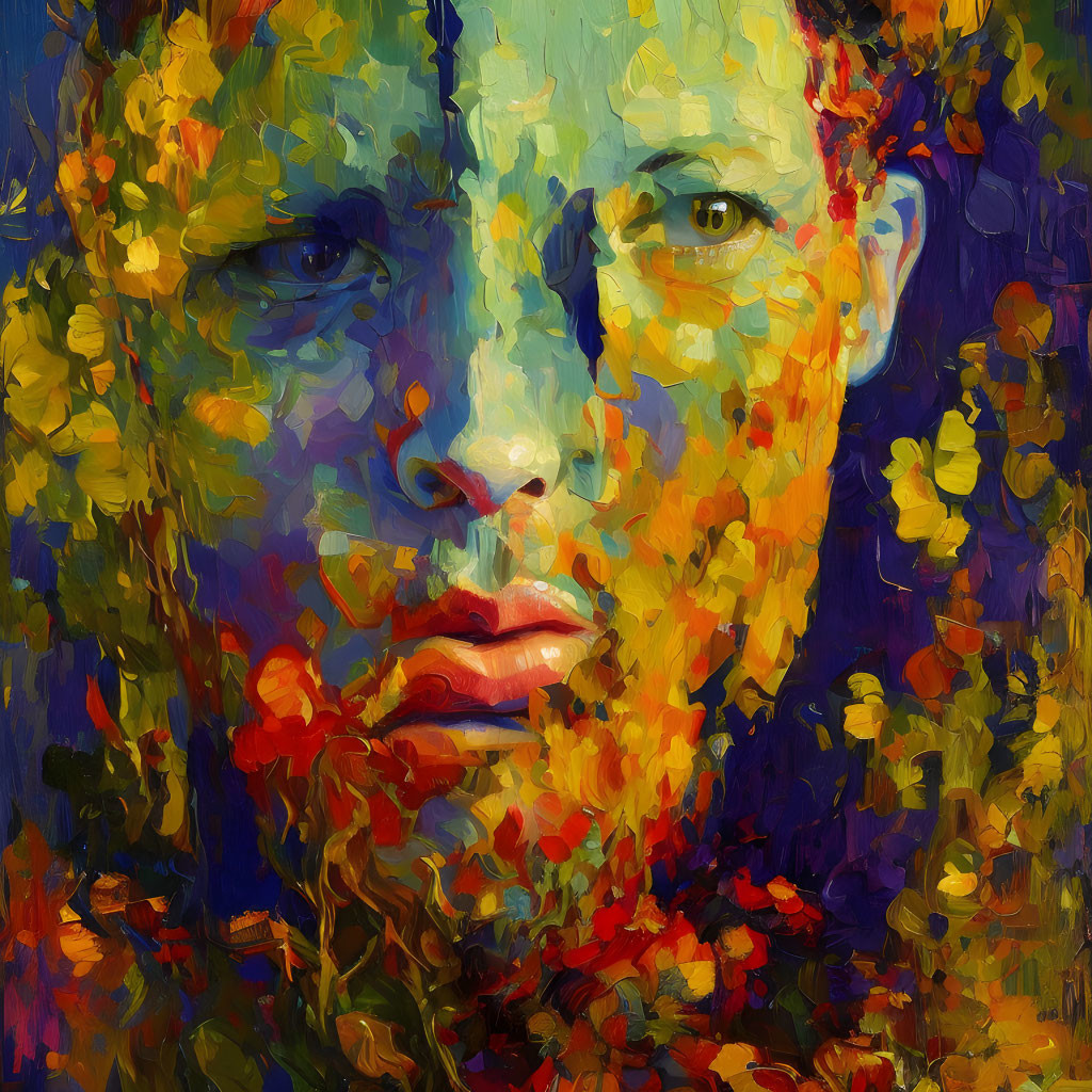 Colorful Impressionistic Portrait Painting with Vibrant Blues, Yellows, Oranges, and