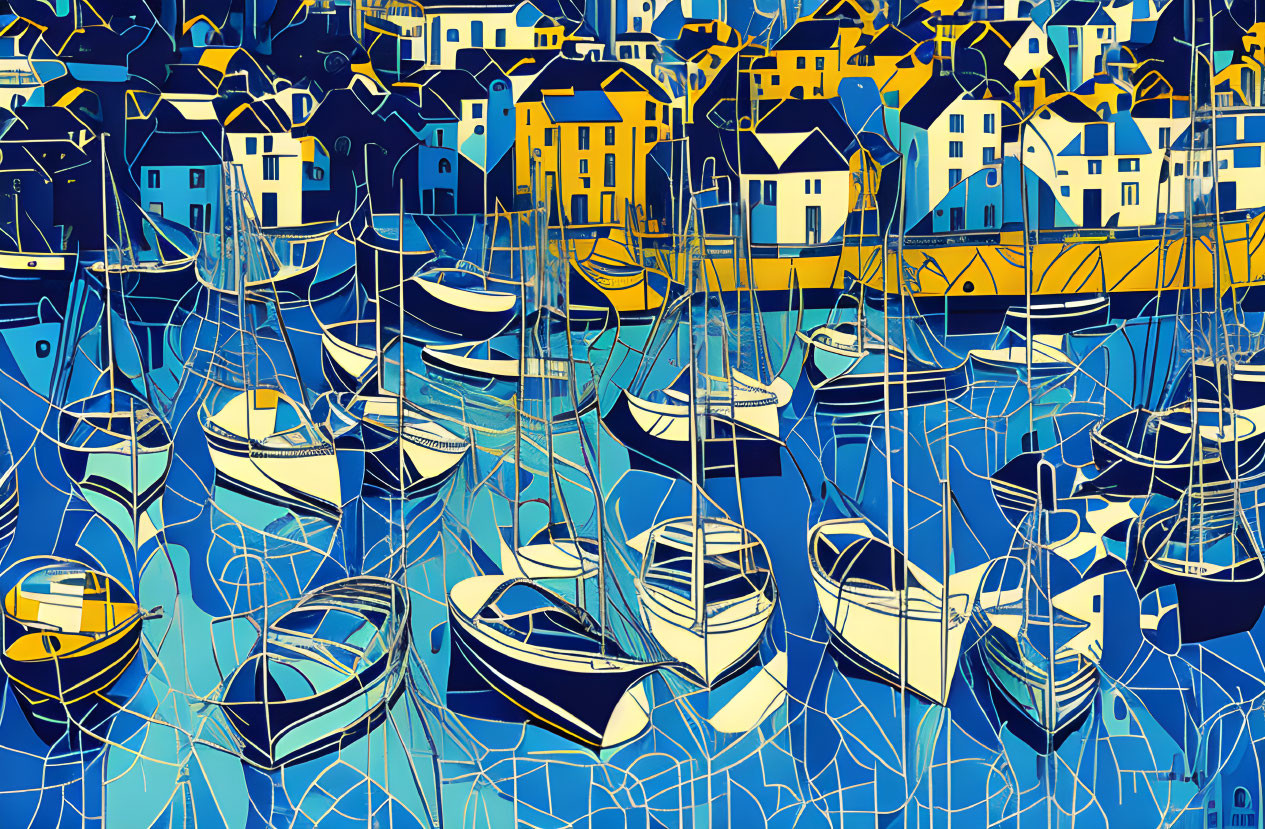 Vibrant harbor scene with blue and yellow hues and intricate boat patterns